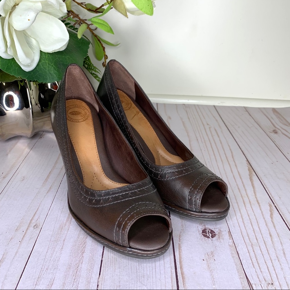 Nurture Brown Peep Toe Leather Heels ‘Sally’ Pump Stitched Detail Open Toe Sz 6 - Picture 4 of 8